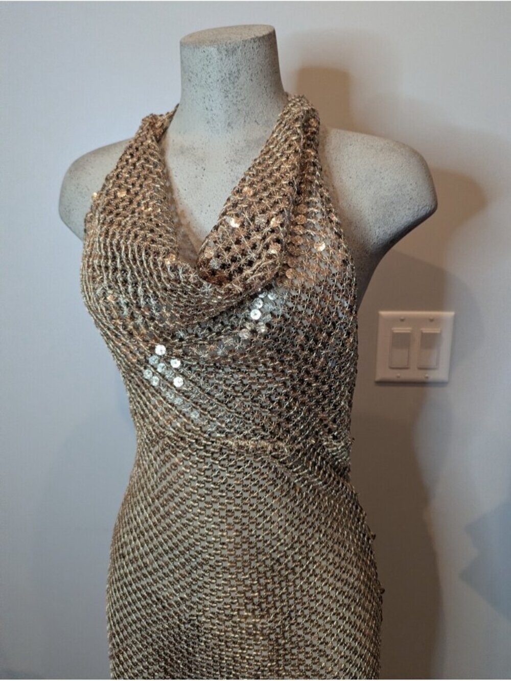 ZARA Gold Sequin Mesh Halter cowl neck open back Midi Maxi Dress EUC Size XS - Picture 7 of 16